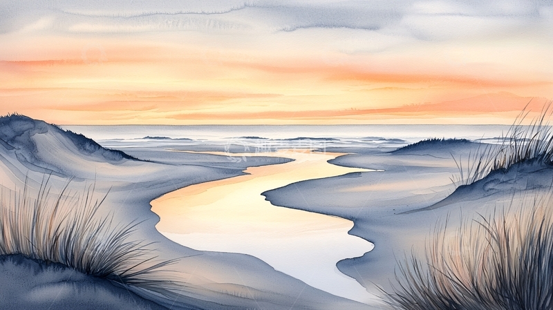 高清大图下载【趣麦麦图】水彩沙丘日落景观