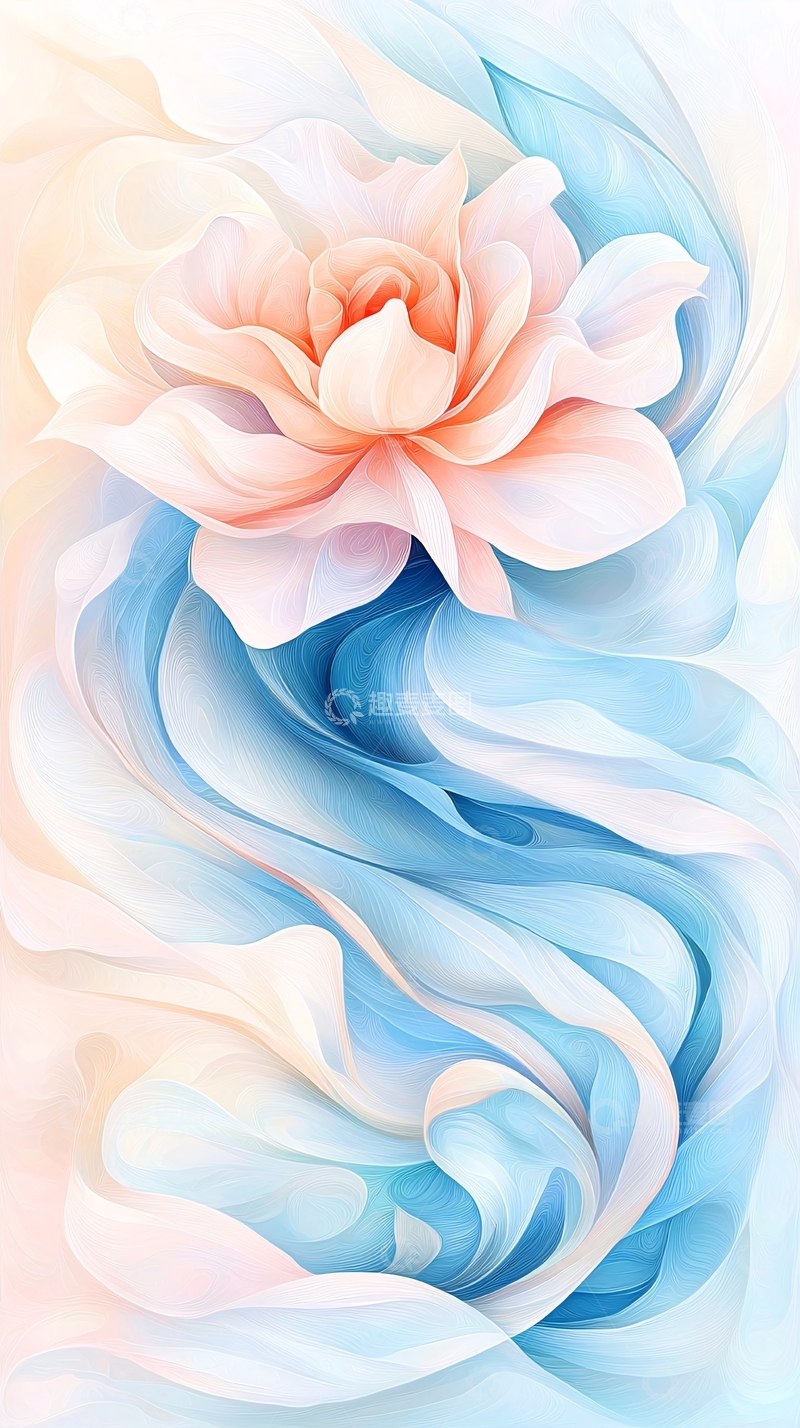 高清大图下载【趣麦麦图】淡粉色花朵与蓝色飘带