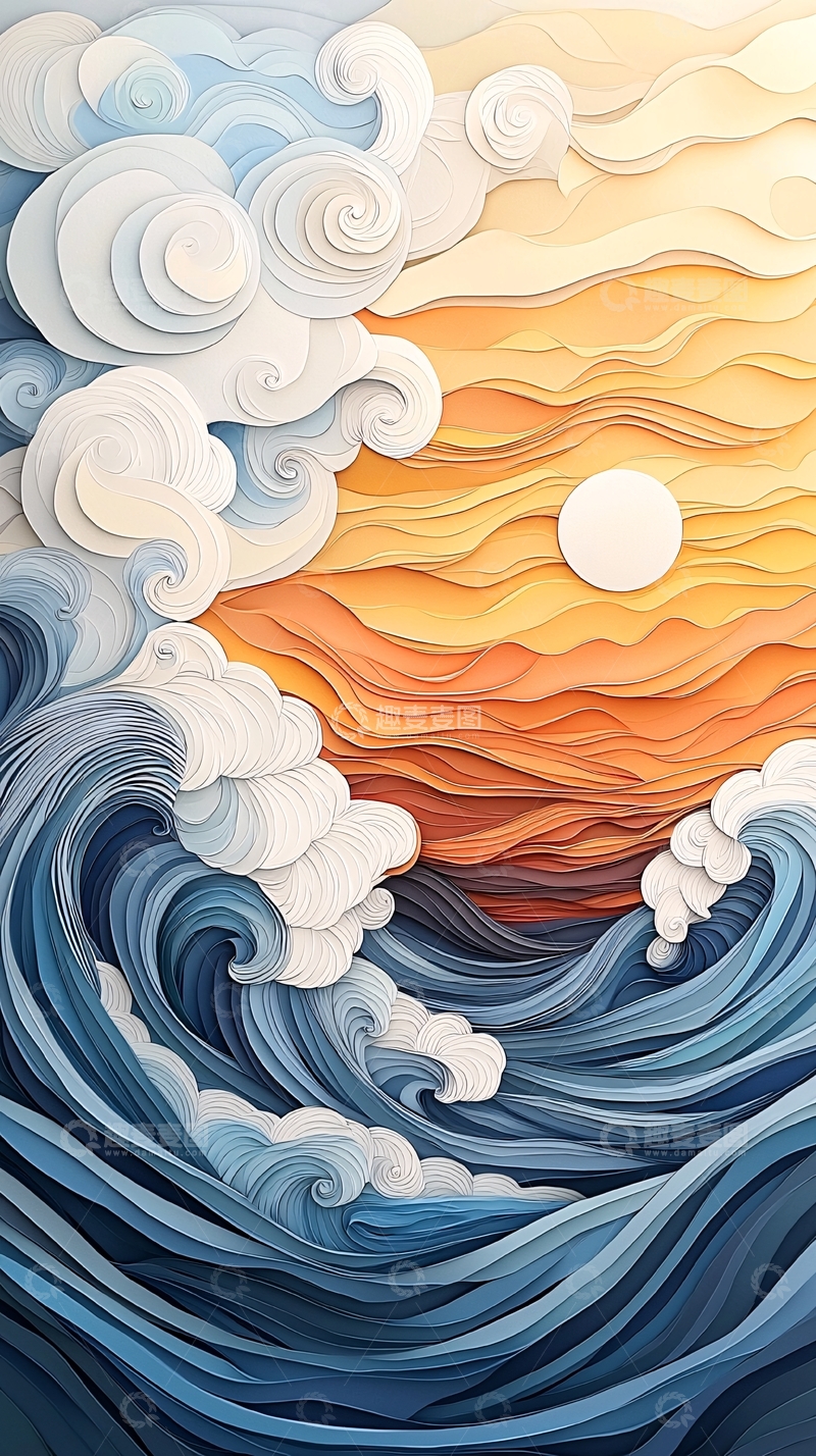 高清大图下载【趣麦麦图】纸艺风格的波涛汹涌大海