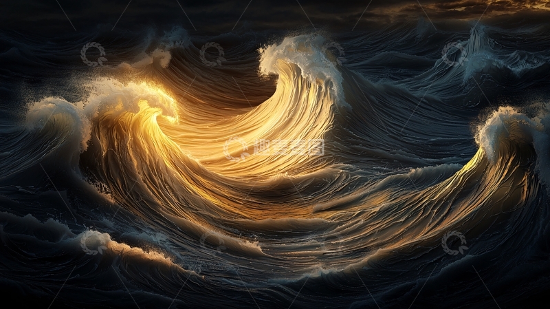 高清大图下载【趣麦麦图】金色光芒的巨浪翻滚