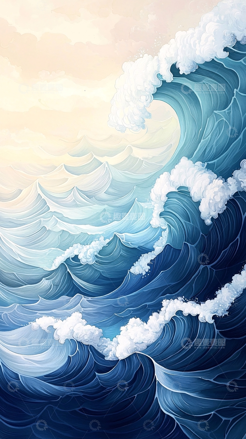 高清大图下载【趣麦麦图】蓝色水彩风格海浪插画