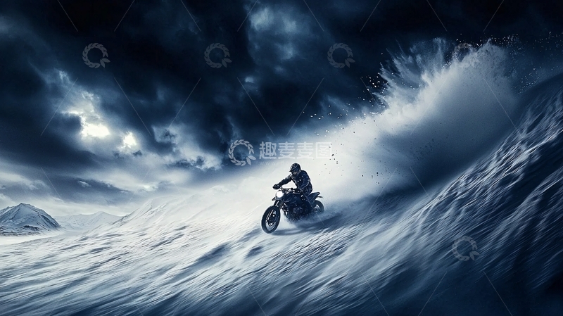 高清大图下载【趣麦麦图】摩托车行驶在巨浪之上