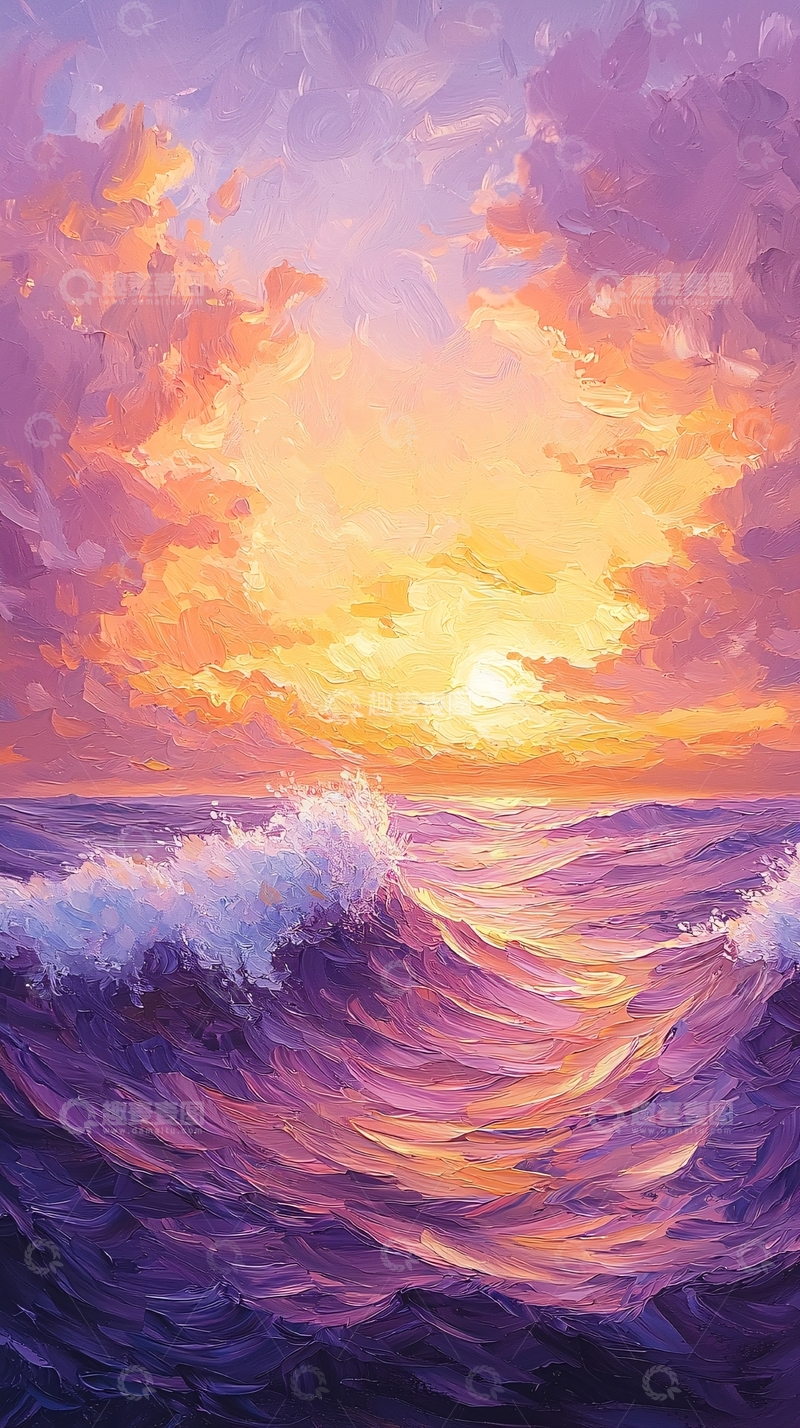 高清大图下载【趣麦麦图】油画风格海面日落景色