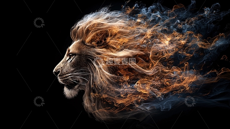 高清大图下载【趣麦麦图】火焰鬃毛的狮子侧面特写