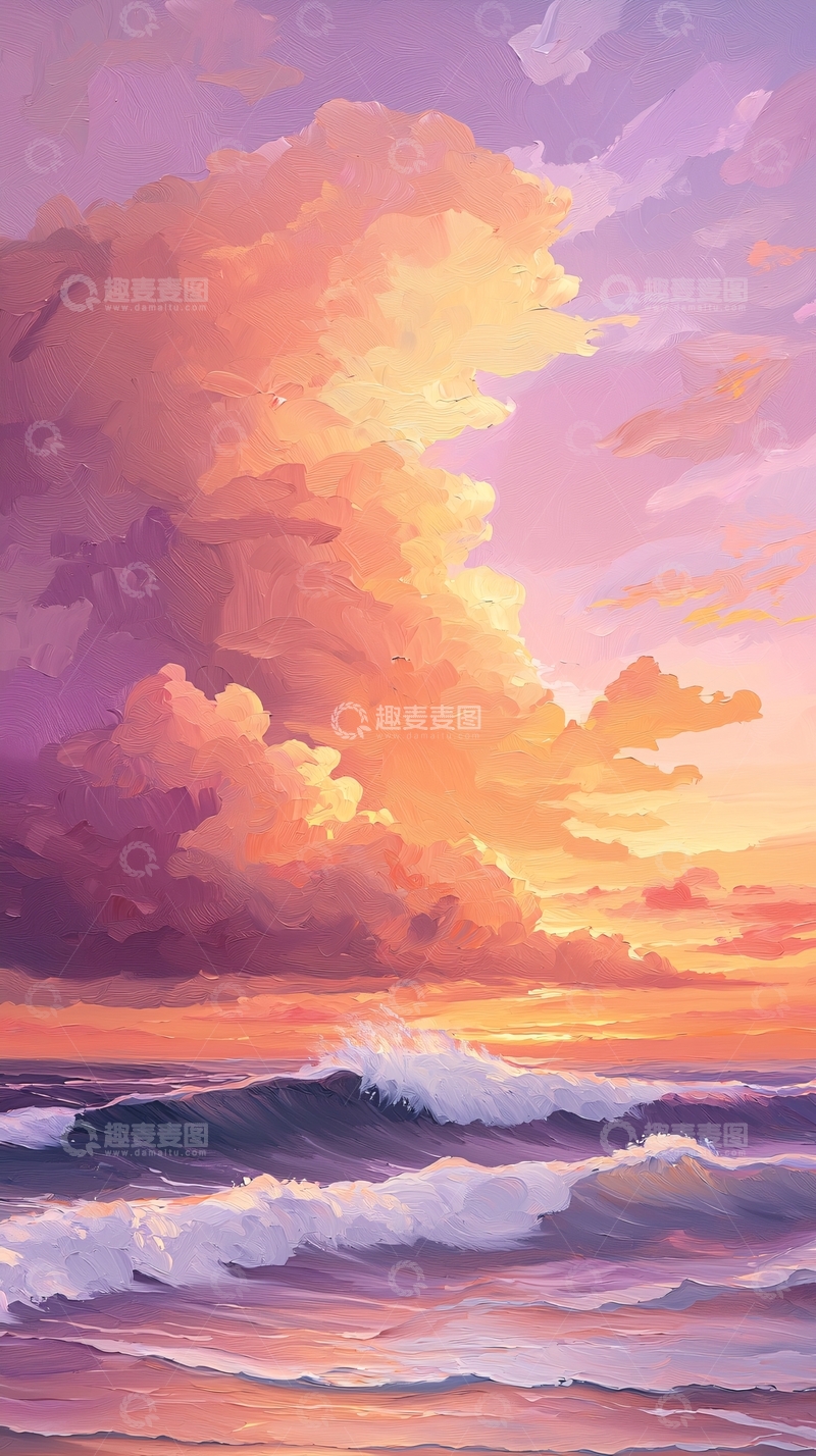高清大图下载【趣麦麦图】粉色天空下波涛汹涌的海面