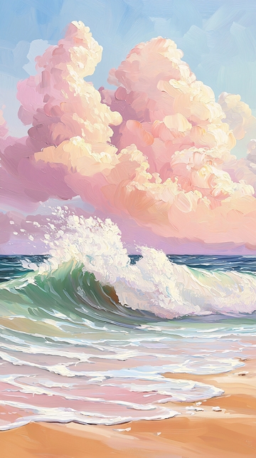 粉色云朵下的海浪