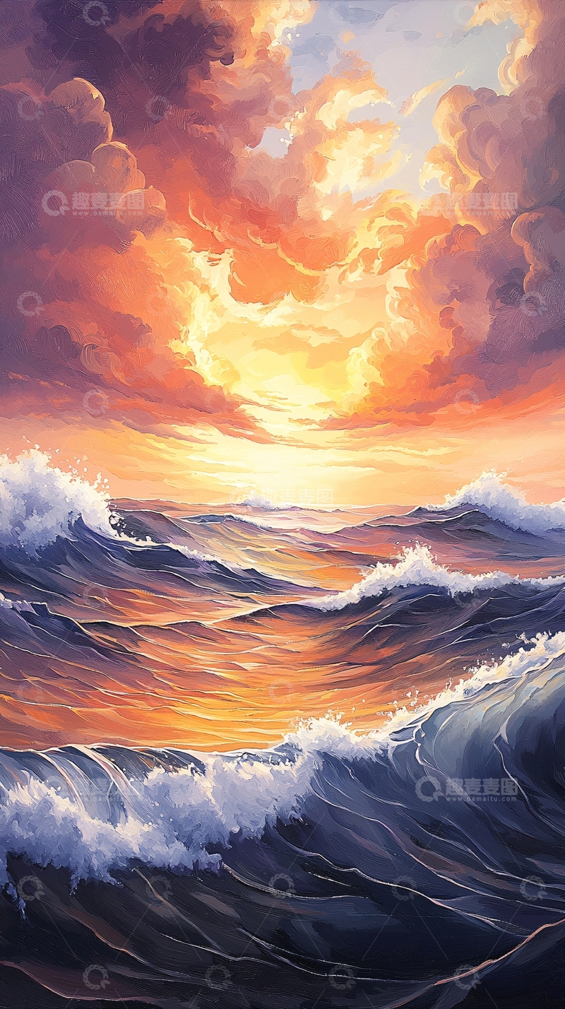 高清大图下载【趣麦麦图】壮丽日落下的海浪