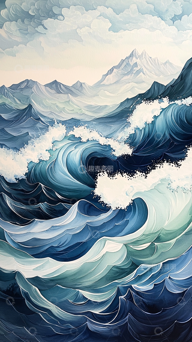 高清大图下载【趣麦麦图】波涛汹涌的山海油画