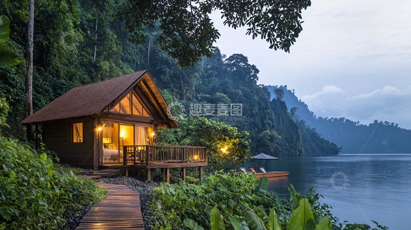 高清大图下载【趣麦麦图】林间小屋湖畔风光