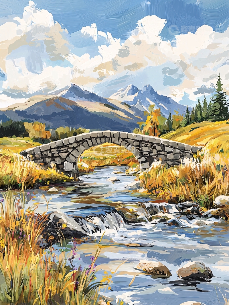 高清大图下载【趣麦麦图】秋日山间石桥流水风光