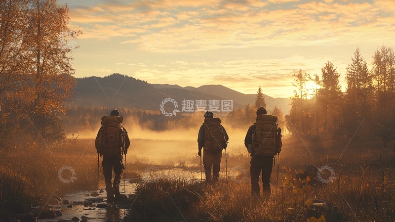 高清大图下载【趣麦麦图】三人徒步在秋日晨曦中