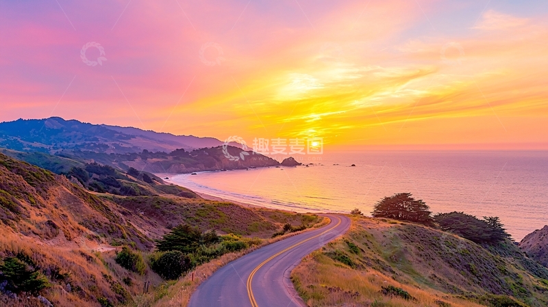 高清大图下载【趣麦麦图】唯美海岸公路夕阳