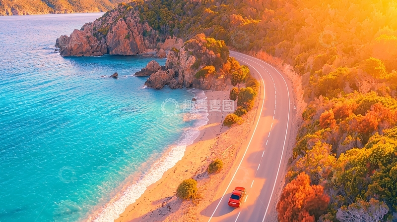 高清大图下载【趣麦麦图】海边公路金色阳光风景