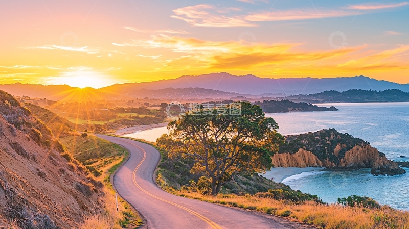 高清大图下载【趣麦麦图】海边公路日落美景