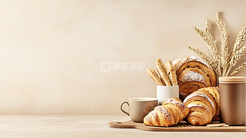 高清大图下载【趣麦麦图】奶油色背景上的面包