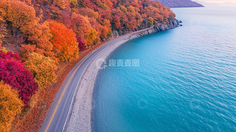 高清大图下载【趣麦麦图】秋季海岸线树木色彩丰富