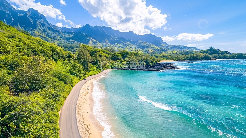 高清大图下载【趣麦麦图】美丽海滩与葱郁山脉