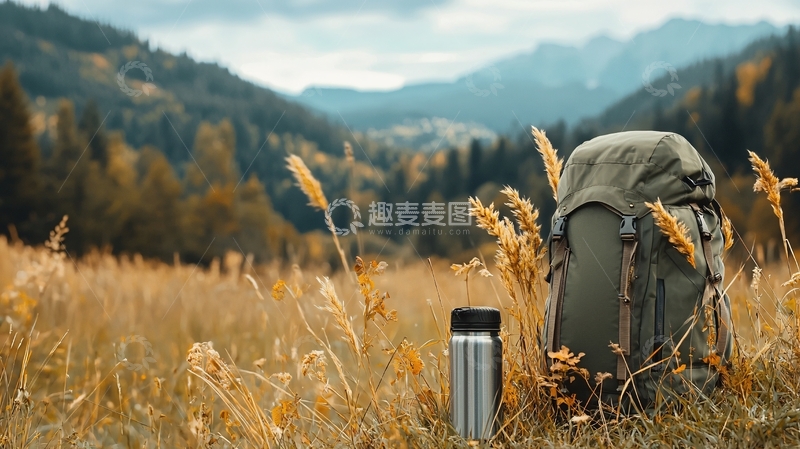 高清大图下载【趣麦麦图】户外背包置于金黄色草地