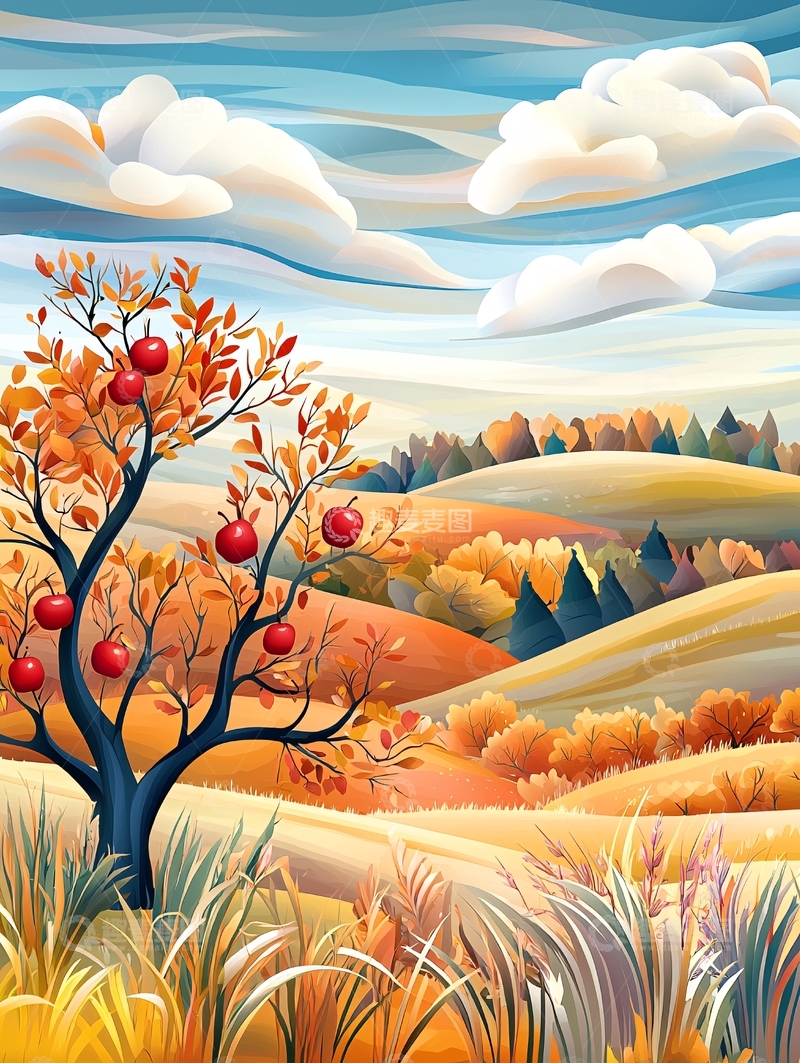 高清大图下载【趣麦麦图】秋天田野苹果树美景
