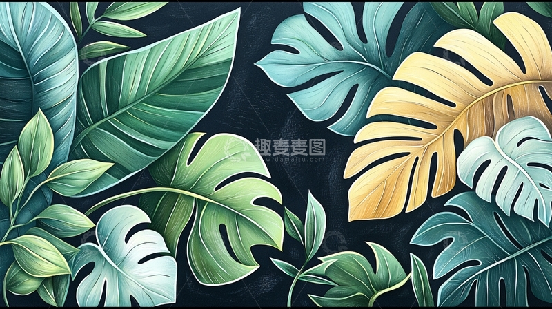 高清大图下载【趣麦麦图】龟背竹的热带植物插画