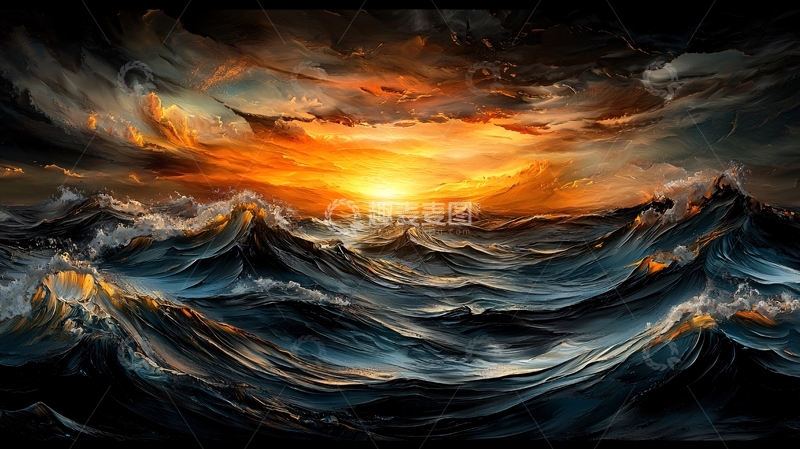 高清大图下载【趣麦麦图】波涛汹涌的日落海面