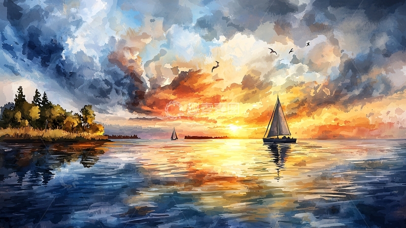 高清大图下载【趣麦麦图】海上帆船的油画风景
