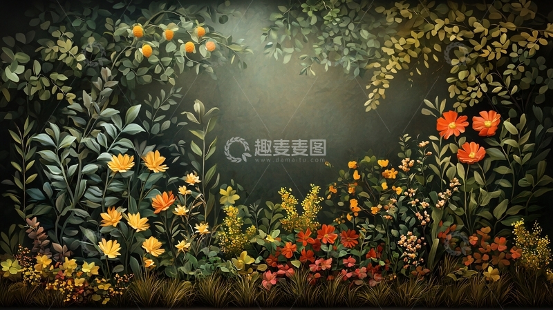 高清大图下载【趣麦麦图】茂密花园中的花朵背景