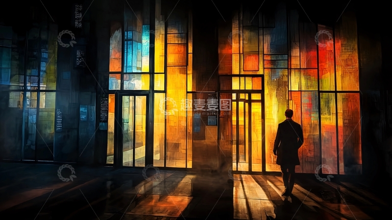 高清大图下载【趣麦麦图】彩色玻璃窗前的孤独身影