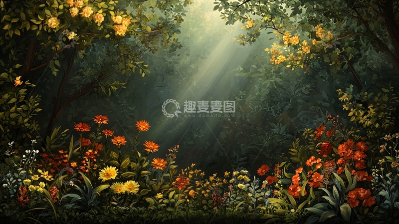 高清大图下载【趣麦麦图】阳光穿透树林的花园