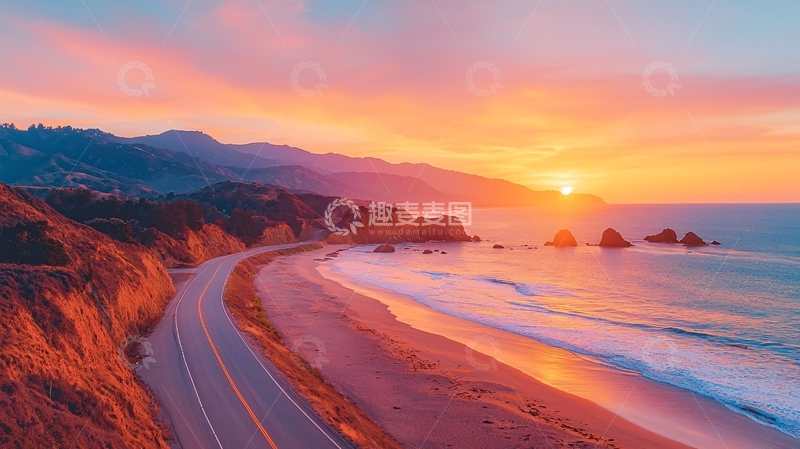 高清大图下载【趣麦麦图】海岸公路日落美景
