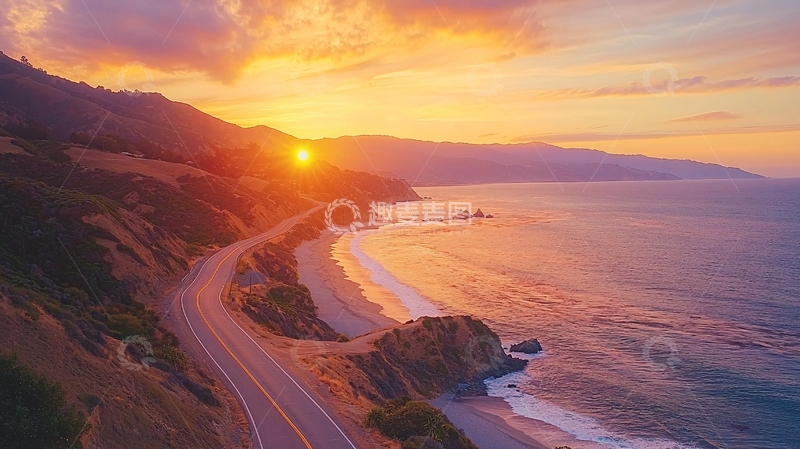 高清大图下载【趣麦麦图】海岸公路日落美景