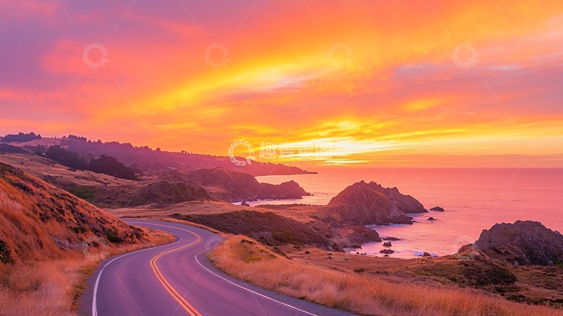 高清大图下载【趣麦麦图】壮丽日落下的海边公路