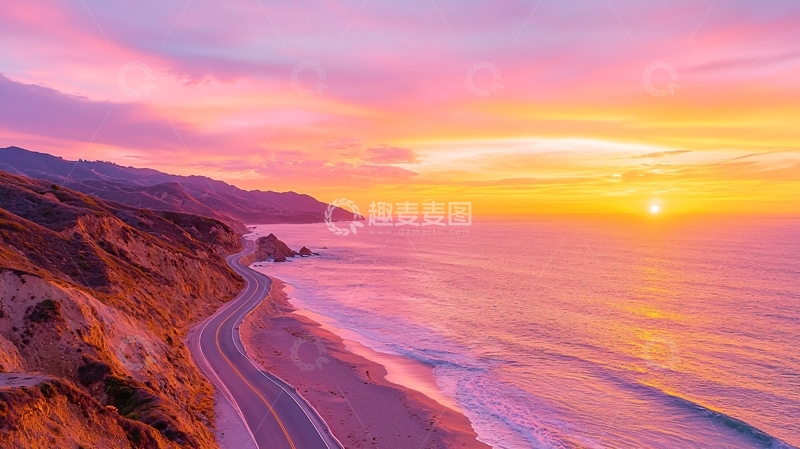 高清大图下载【趣麦麦图】海岸线粉色日落美景