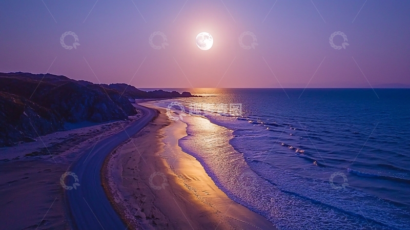 高清大图下载【趣麦麦图】紫色海滩的月夜