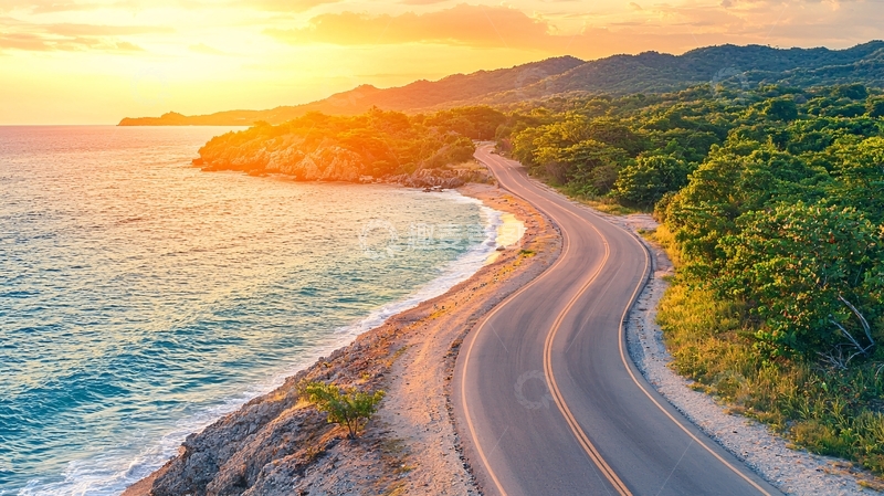 高清大图下载【趣麦麦图】海边公路日出美景