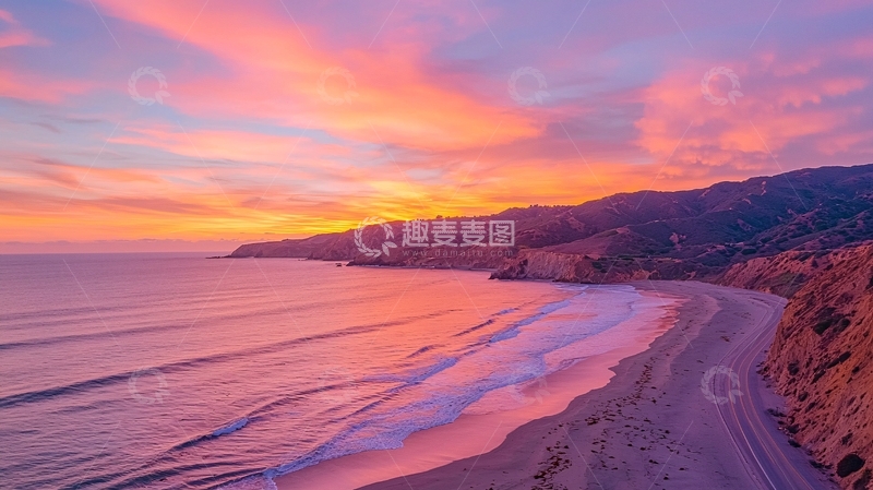 高清大图下载【趣麦麦图】粉色夕阳下的海滩