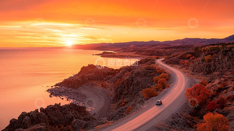 高清大图下载【趣麦麦图】金色夕阳下的海岸公路