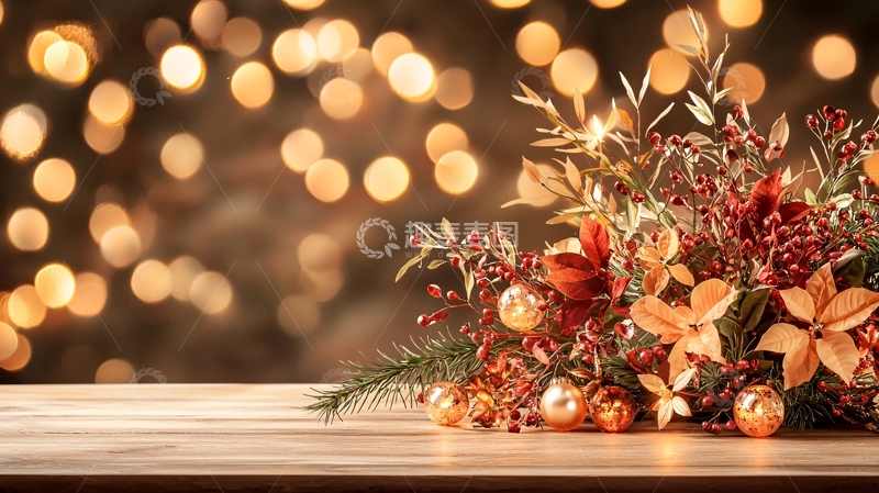 高清大图下载【趣麦麦图】节日金色花卉与光斑