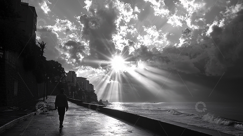 高清大图下载【趣麦麦图】黑白海边高清图片