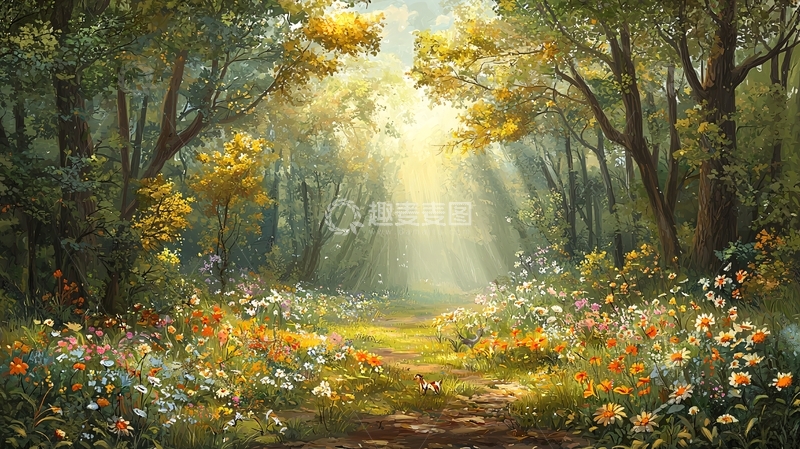 高清大图下载【趣麦麦图】阳光穿过树林的油画