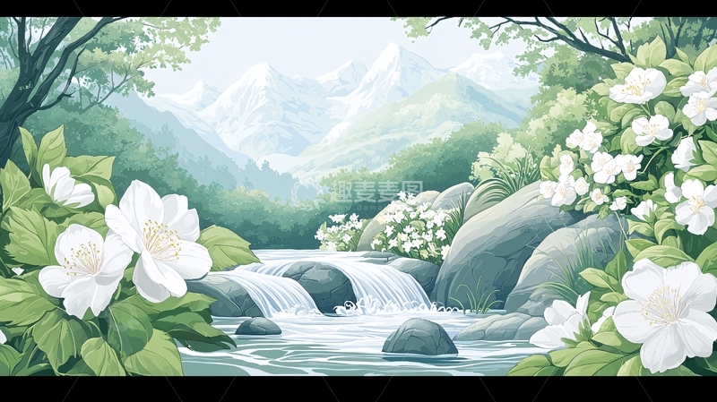 高清大图下载【趣麦麦图】清新山水白花绿叶流水