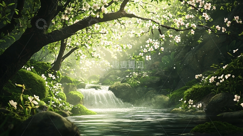 高清大图下载【趣麦麦图】阳光穿透树林照亮小溪