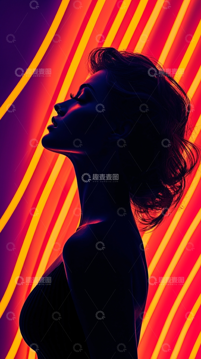 高清大图下载【趣麦麦图】女性剪影霓虹灯下的侧脸
