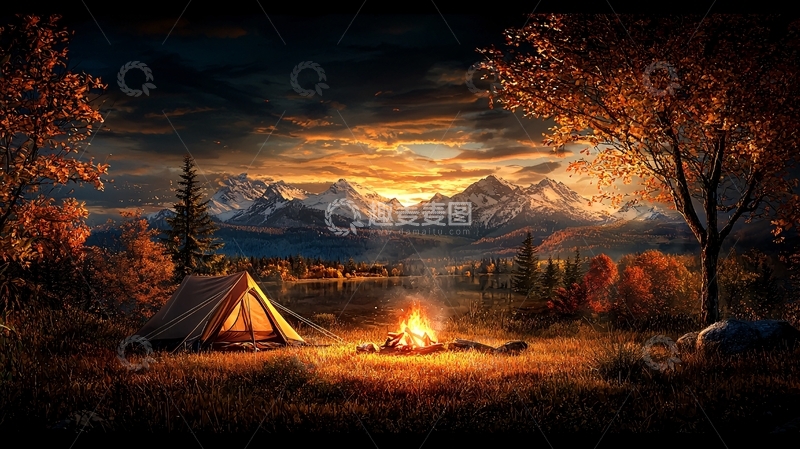 高清大图下载【趣麦麦图】篝火露营在星空下的山间