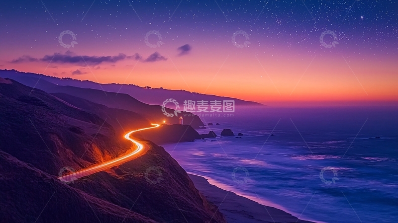 高清大图下载【趣麦麦图】海边公路的绚丽晚霞