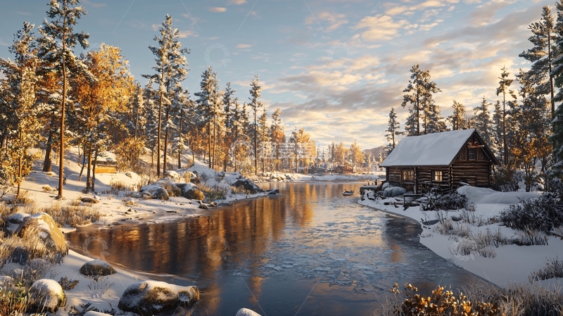 高清大图下载【趣麦麦图】冬季小屋湖边雪景