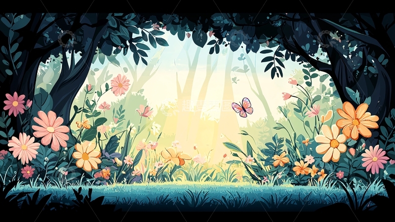 高清大图下载【趣麦麦图】卡通森林花朵背景