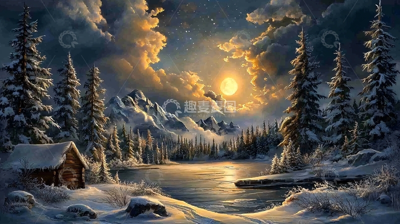 高清大图下载【趣麦麦图】雪夜湖光山色