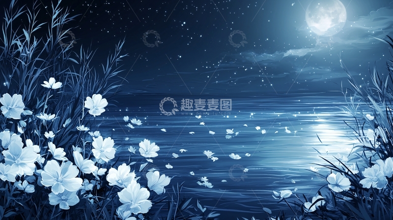 高清大图下载【趣麦麦图】蓝色月夜下的白色花朵