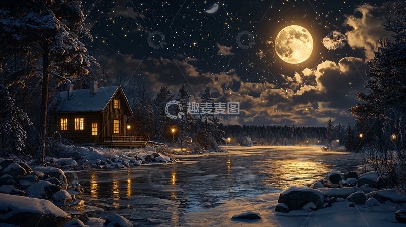 高清大图下载【趣麦麦图】月夜小屋静谧